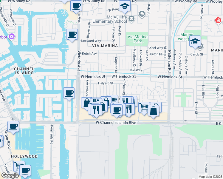 map of restaurants, bars, coffee shops, grocery stores, and more near 2615 Sextant Avenue in Port Hueneme