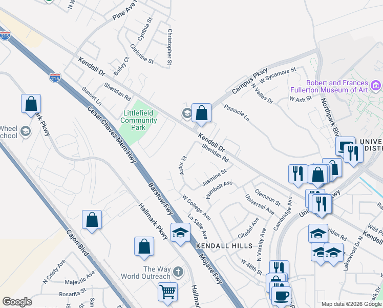 map of restaurants, bars, coffee shops, grocery stores, and more near 5557 Aster Street in San Bernardino