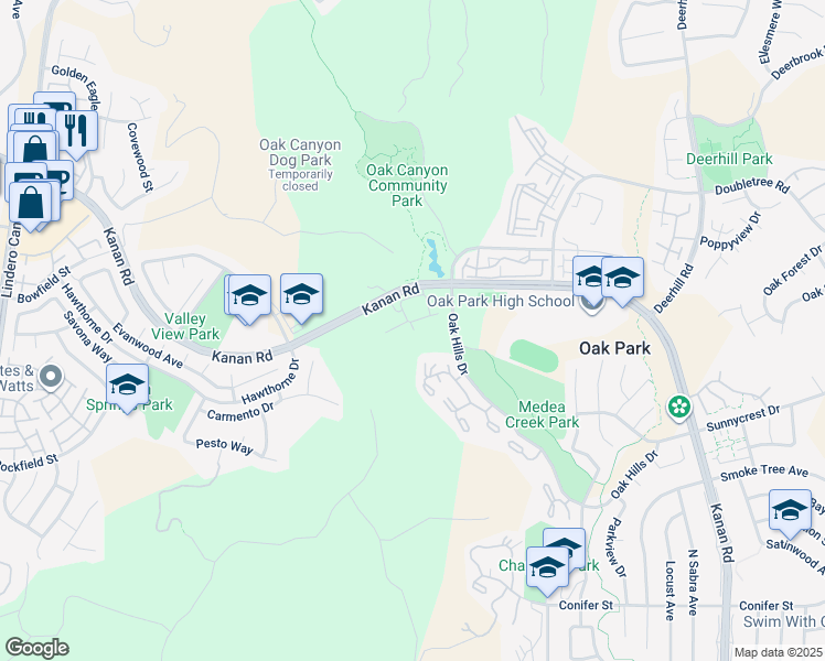 map of restaurants, bars, coffee shops, grocery stores, and more near 5480 Spanish Oak Lane in Oak Park