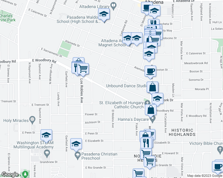 map of restaurants, bars, coffee shops, grocery stores, and more near 631 East Woodbury Road in Altadena