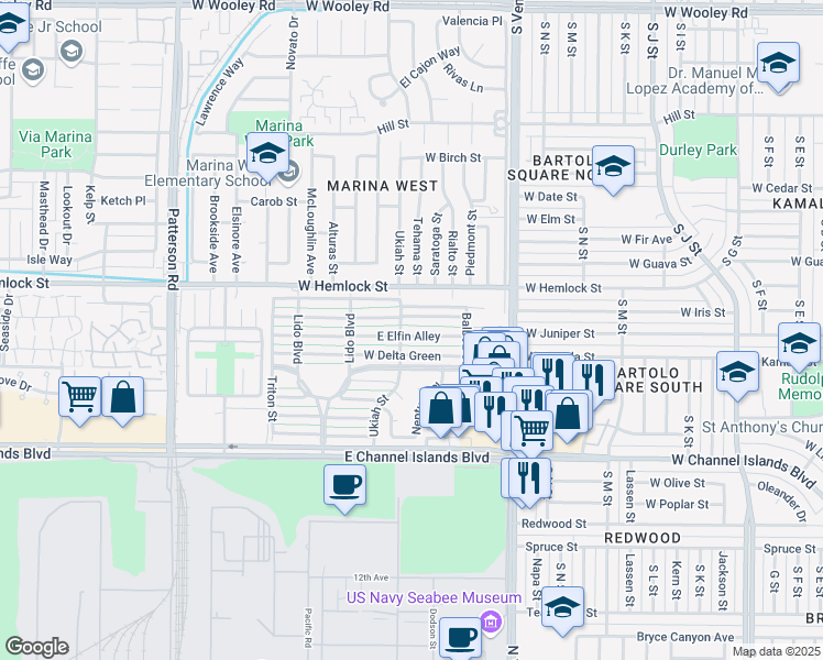 map of restaurants, bars, coffee shops, grocery stores, and more near 210 East Fiesta Green in Port Hueneme