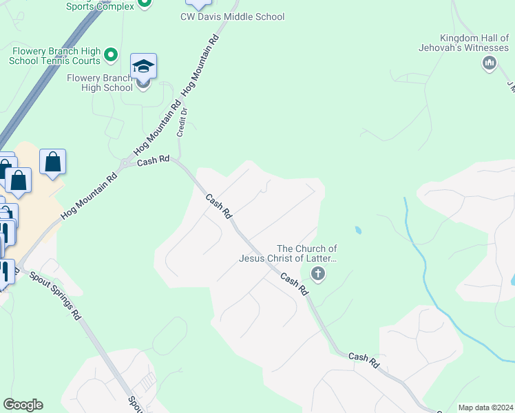 map of restaurants, bars, coffee shops, grocery stores, and more near 4624 Laurel Brook Drive in Flowery Branch