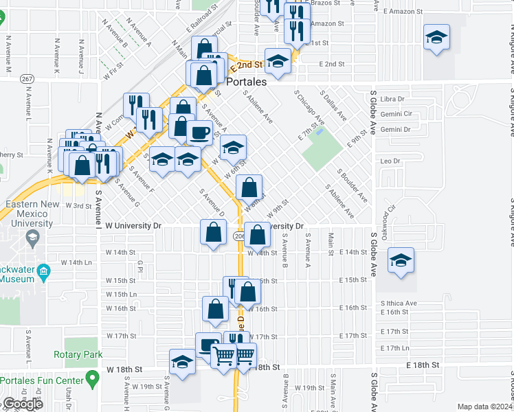 map of restaurants, bars, coffee shops, grocery stores, and more near 800 South Avenue B in Portales