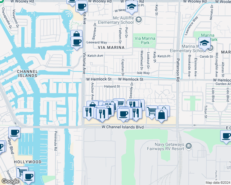 map of restaurants, bars, coffee shops, grocery stores, and more near 2616 Tiller Avenue in Port Hueneme