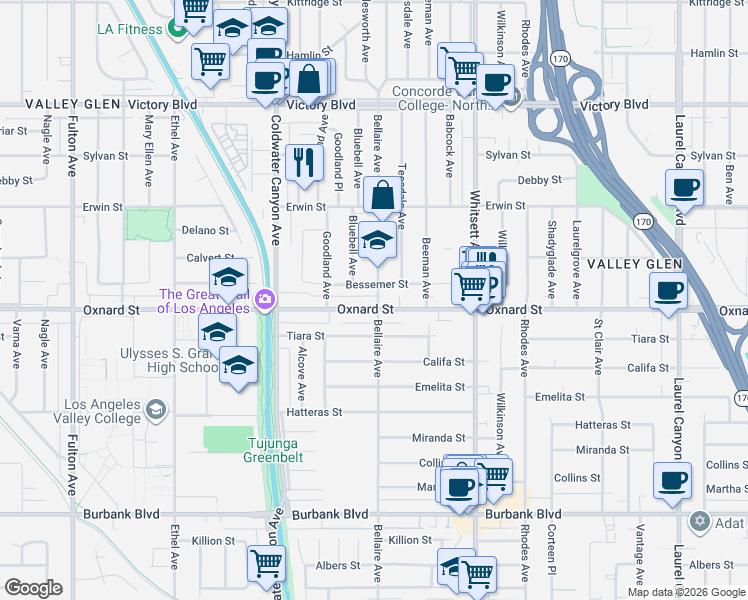 map of restaurants, bars, coffee shops, grocery stores, and more near 6011 Bellaire Avenue in Los Angeles