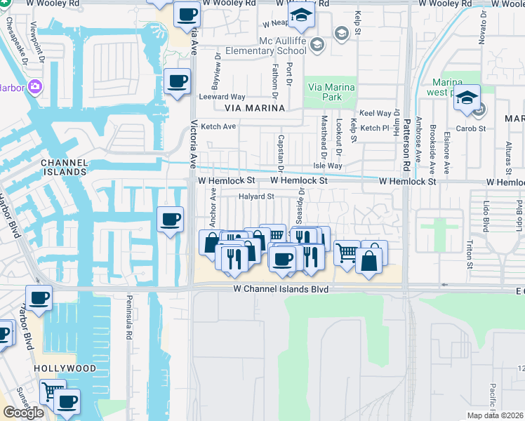 map of restaurants, bars, coffee shops, grocery stores, and more near 2610 Tiller Avenue in Port Hueneme