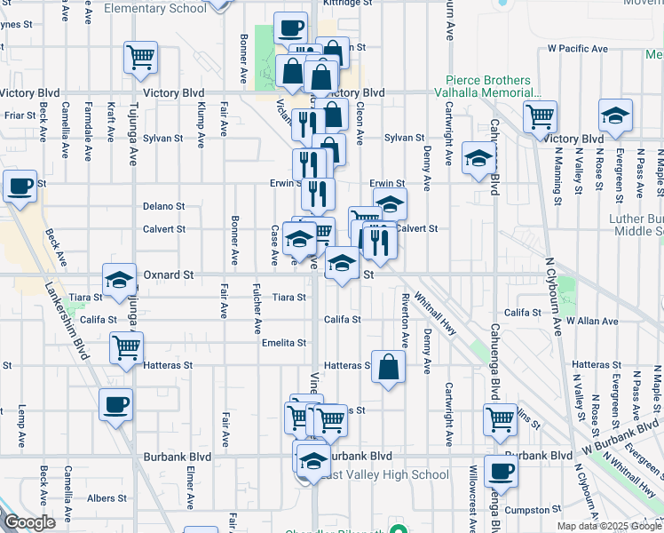 map of restaurants, bars, coffee shops, grocery stores, and more near 6009 Craner Avenue in Los Angeles