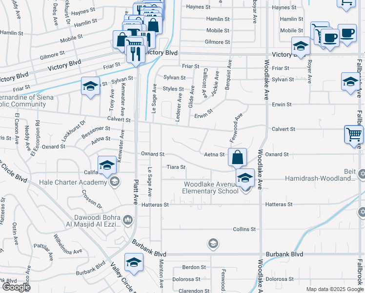 map of restaurants, bars, coffee shops, grocery stores, and more near 23506 Aetna Street in Los Angeles