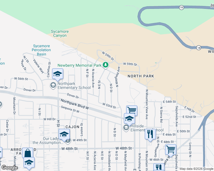 map of restaurants, bars, coffee shops, grocery stores, and more near 5537 North Stoddard Avenue in San Bernardino