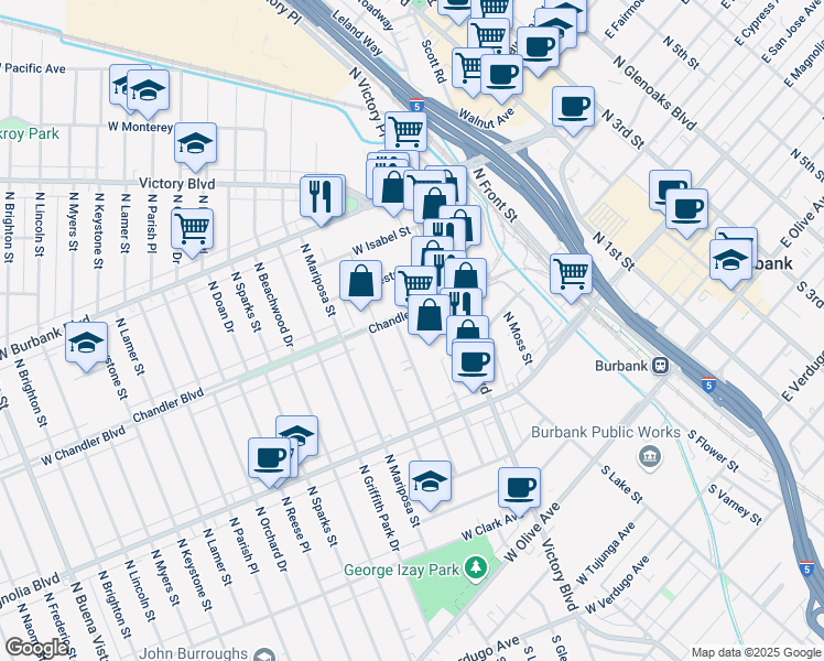 map of restaurants, bars, coffee shops, grocery stores, and more near 683 North Victory Boulevard in Burbank