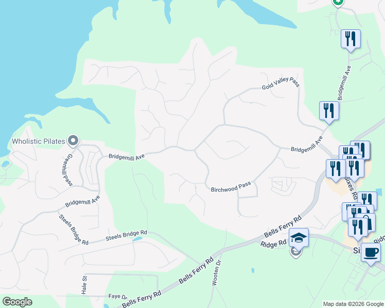 map of restaurants, bars, coffee shops, grocery stores, and more near 1092 Bridgemill Avenue in Canton