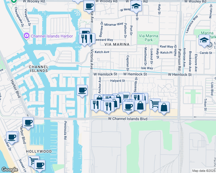 map of restaurants, bars, coffee shops, grocery stores, and more near 2612 Yardarm Avenue in Port Hueneme