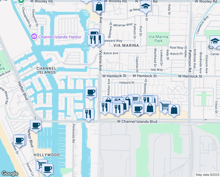 map of restaurants, bars, coffee shops, grocery stores, and more near 2612 Anchor Avenue in Port Hueneme