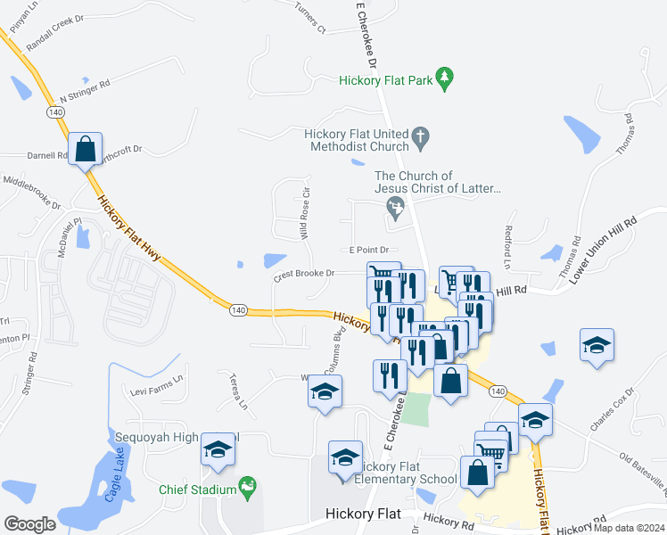 map of restaurants, bars, coffee shops, grocery stores, and more near 141 Crest Brooke Drive in Holly Springs