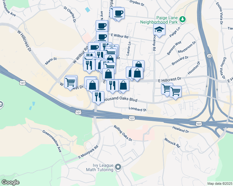 map of restaurants, bars, coffee shops, grocery stores, and more near 190 East Hillcrest Drive in Thousand Oaks