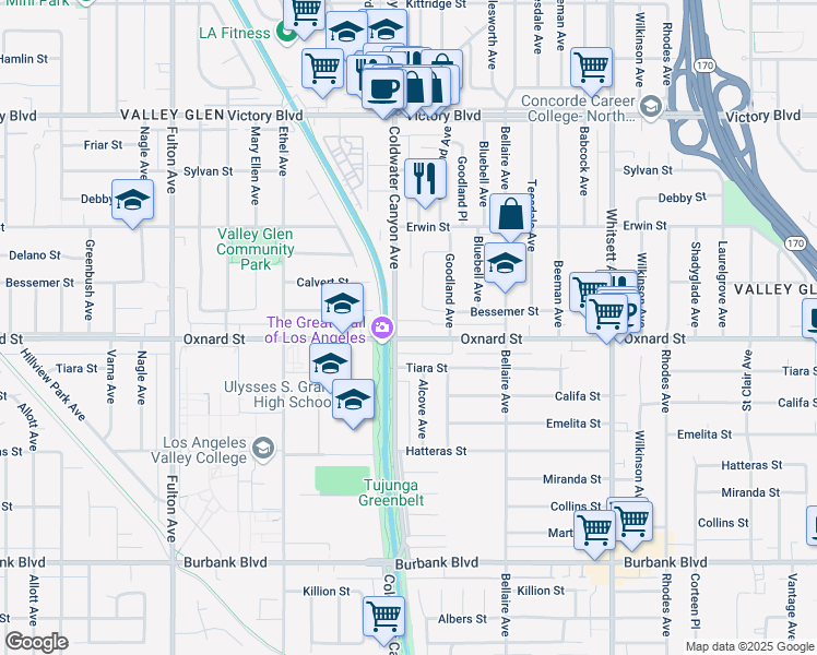 map of restaurants, bars, coffee shops, grocery stores, and more near 6000 Coldwater Canyon Avenue in Los Angeles