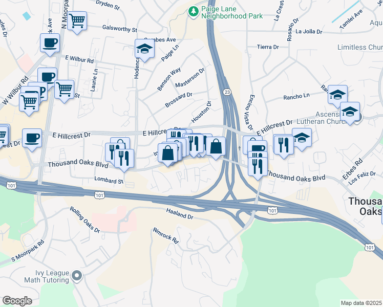 map of restaurants, bars, coffee shops, grocery stores, and more near 747 Irving Drive in Thousand Oaks
