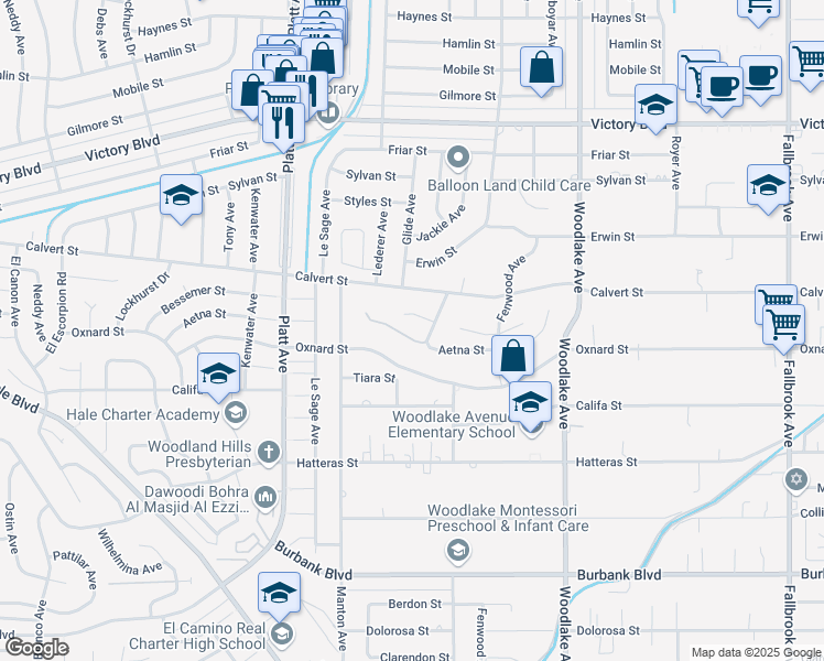 map of restaurants, bars, coffee shops, grocery stores, and more near 23451 Aetna Street in Los Angeles