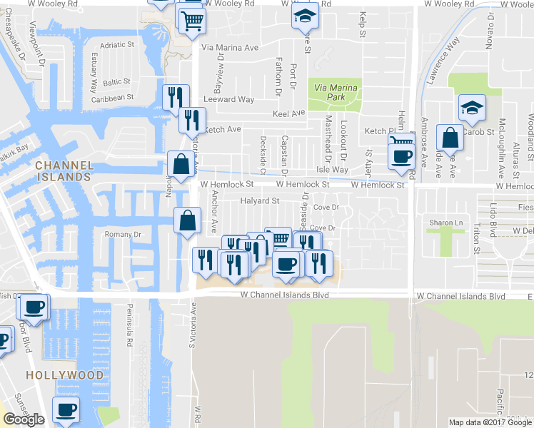 map of restaurants, bars, coffee shops, grocery stores, and more near 2612 Tiller Avenue in Port Hueneme