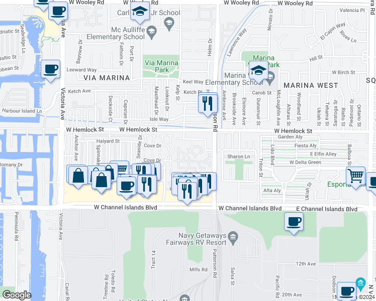 map of restaurants, bars, coffee shops, grocery stores, and more near 2601 Captains Avenue in Port Hueneme