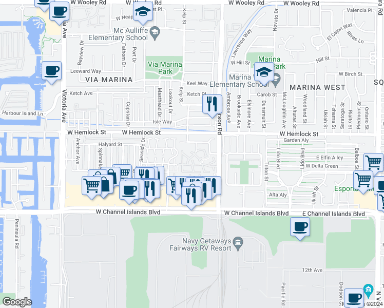 map of restaurants, bars, coffee shops, grocery stores, and more near 2601 Captains Avenue in Port Hueneme