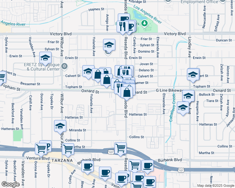 map of restaurants, bars, coffee shops, grocery stores, and more near 18530 Oxnard Street in Los Angeles
