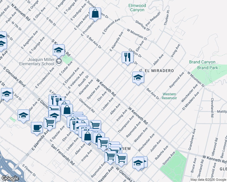 map of restaurants, bars, coffee shops, grocery stores, and more near 1941 West Kenneth Road in Glendale