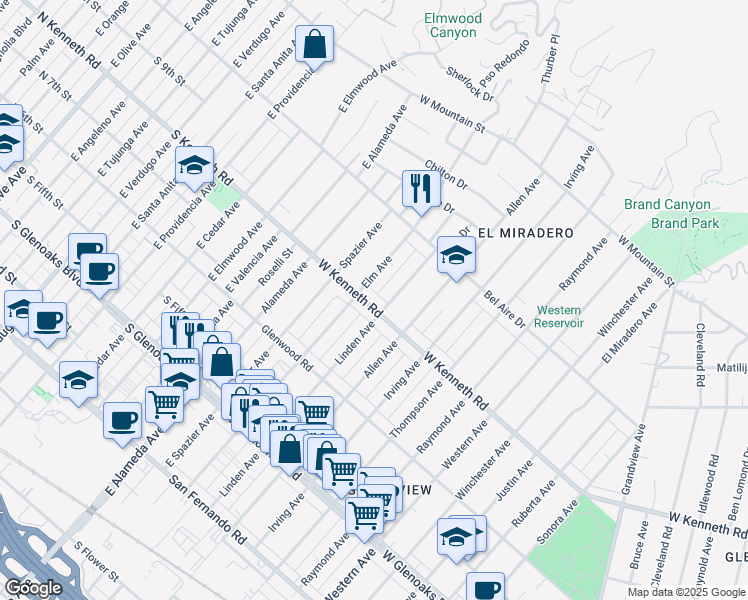 map of restaurants, bars, coffee shops, grocery stores, and more near 1941 West Kenneth Road in Glendale