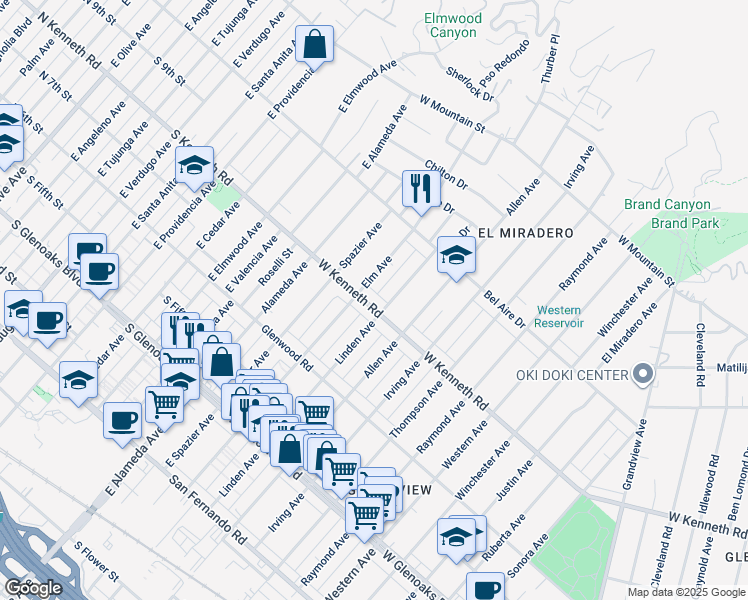 map of restaurants, bars, coffee shops, grocery stores, and more near 1941 West Kenneth Road in Glendale
