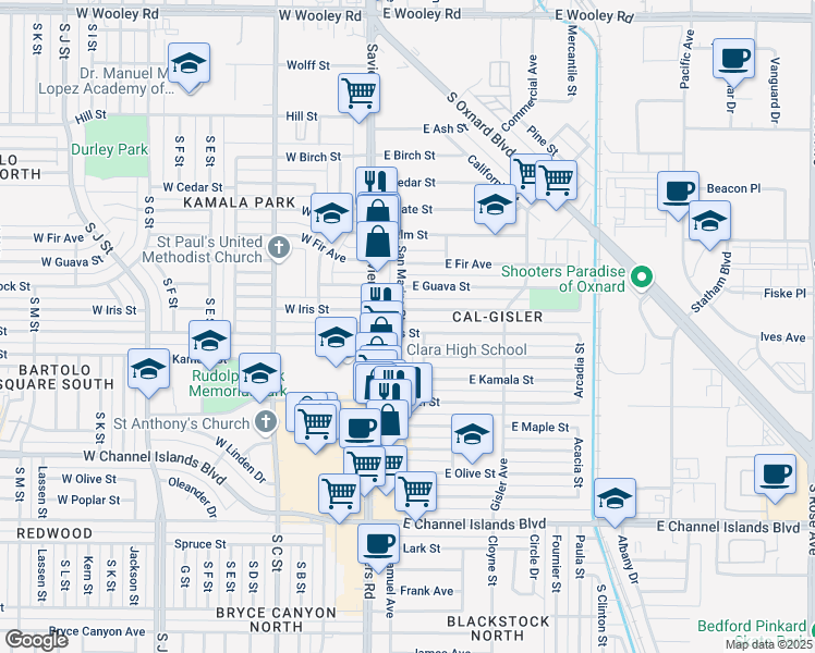 map of restaurants, bars, coffee shops, grocery stores, and more near 1941 San Marino Street in Oxnard