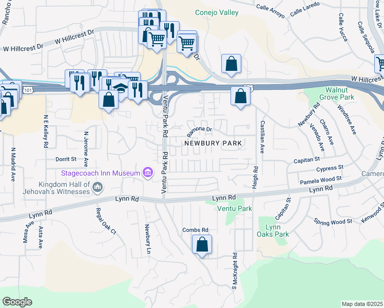 map of restaurants, bars, coffee shops, grocery stores, and more near 1338 Alessandro Drive in Thousand Oaks
