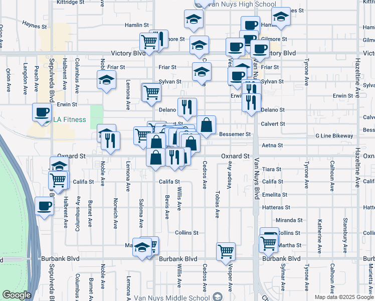 map of restaurants, bars, coffee shops, grocery stores, and more near 14755 Aetna Street in Los Angeles