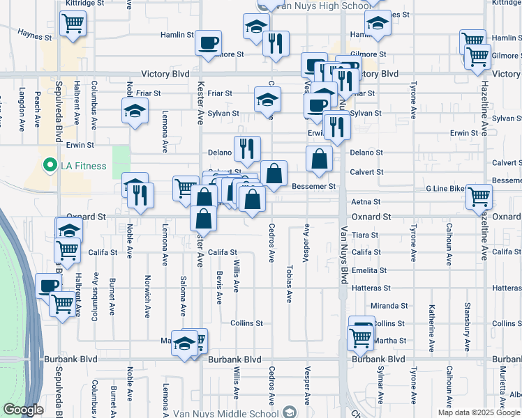 map of restaurants, bars, coffee shops, grocery stores, and more near 14715 Oxnard Street in Los Angeles
