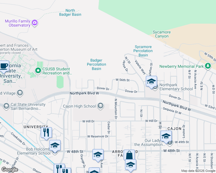 map of restaurants, bars, coffee shops, grocery stores, and more near 5564 Osborne Court in San Bernardino