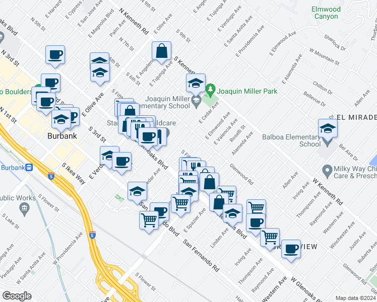 map of restaurants, bars, coffee shops, grocery stores, and more near 533 East Elmwood Avenue in Burbank