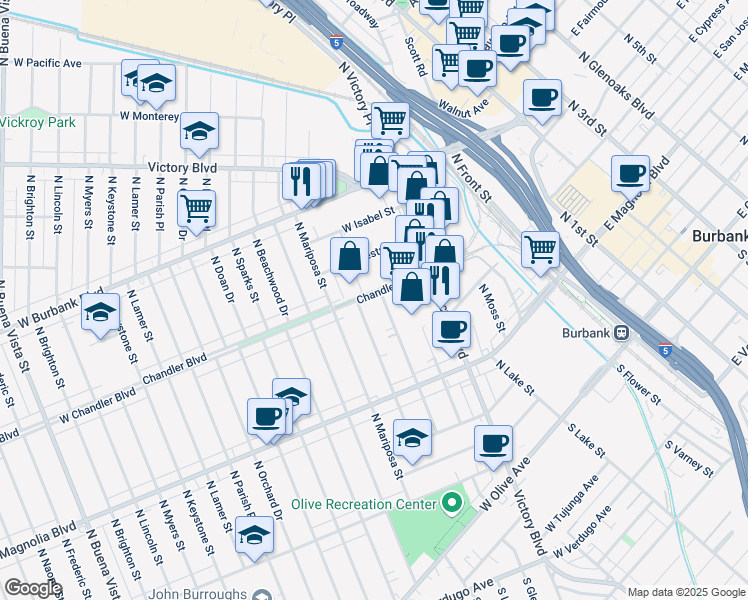 map of restaurants, bars, coffee shops, grocery stores, and more near 1104 Chestnut Street in Burbank