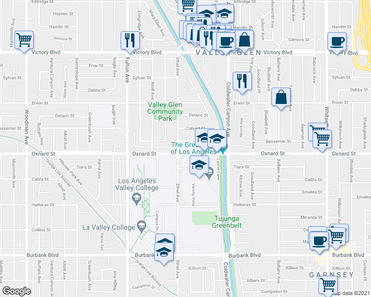 map of restaurants, bars, coffee shops, grocery stores, and more near 13049 Aetna Street in Los Angeles