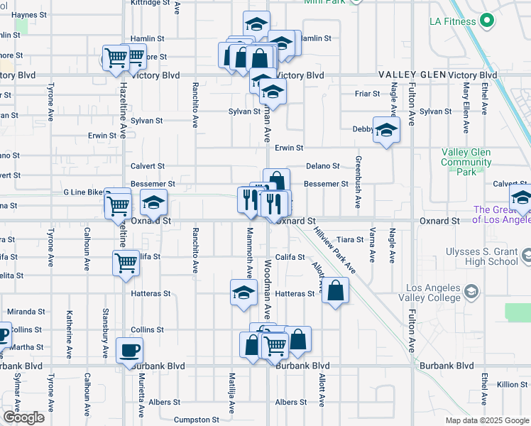 map of restaurants, bars, coffee shops, grocery stores, and more near 6030 Woodman Avenue in Los Angeles