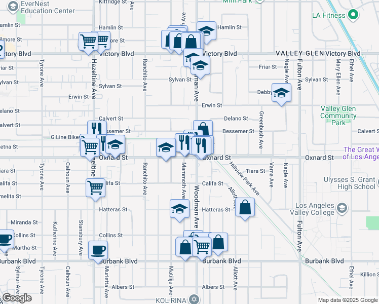 map of restaurants, bars, coffee shops, grocery stores, and more near 6045 Mammoth Avenue in Los Angeles