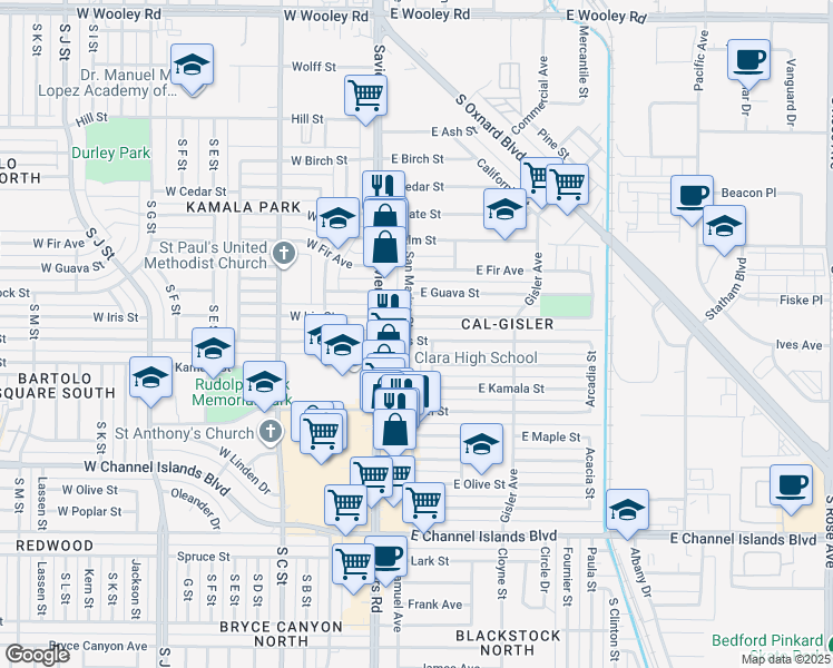 map of restaurants, bars, coffee shops, grocery stores, and more near 1941 San Marino Street in Oxnard