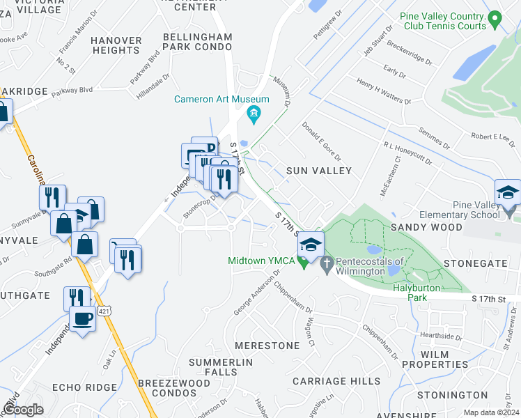 map of restaurants, bars, coffee shops, grocery stores, and more near in Wilmington