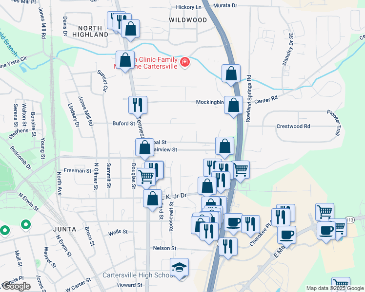 map of restaurants, bars, coffee shops, grocery stores, and more near 38 Opal Street in Cartersville