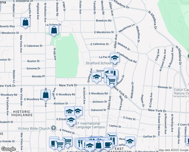 map of restaurants, bars, coffee shops, grocery stores, and more near 1731 Morada Place in Altadena