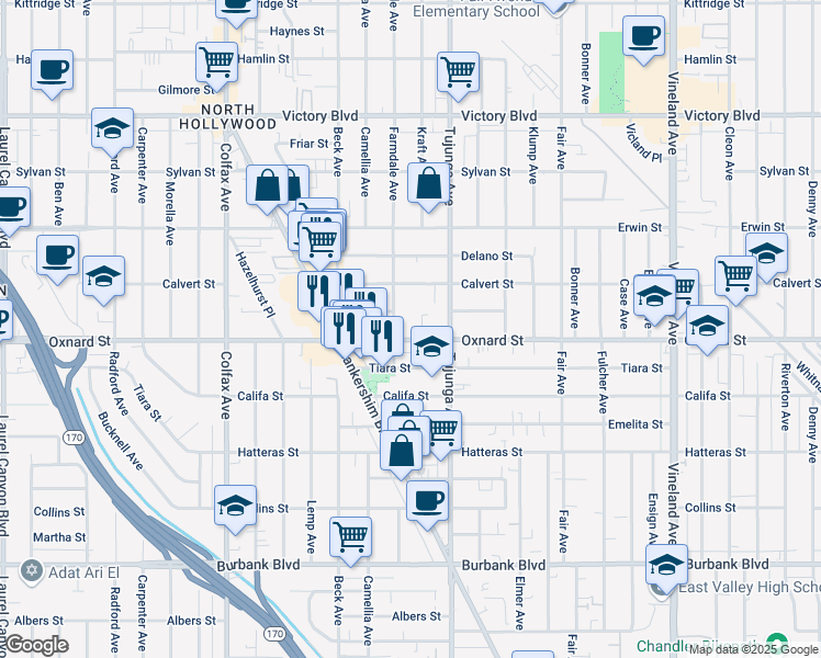 map of restaurants, bars, coffee shops, grocery stores, and more near 11426 Calvert Street in Los Angeles