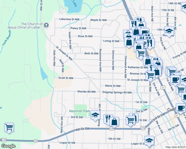 map of restaurants, bars, coffee shops, grocery stores, and more near 1511 Brunner Street Northwest in Cullman