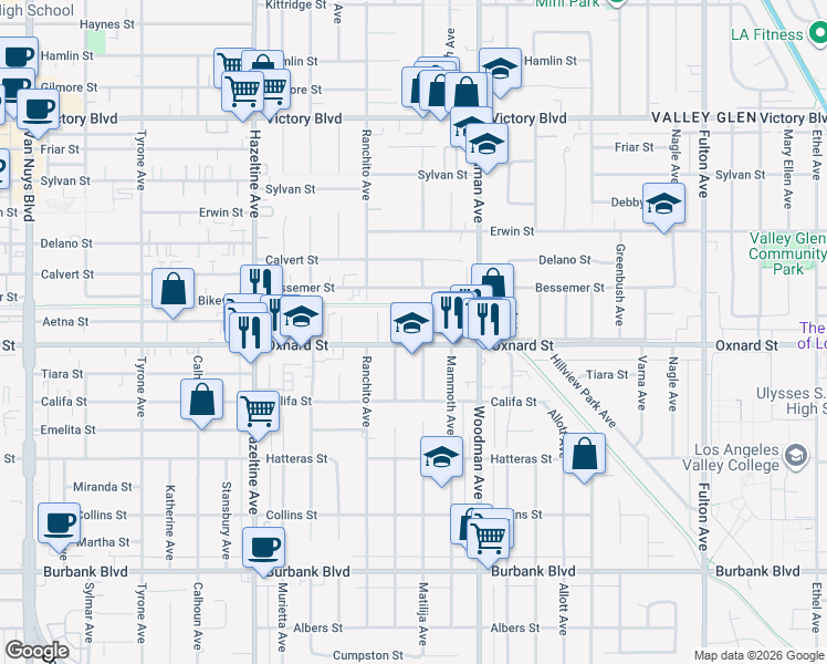 map of restaurants, bars, coffee shops, grocery stores, and more near 13807 Oxnard Street in Los Angeles