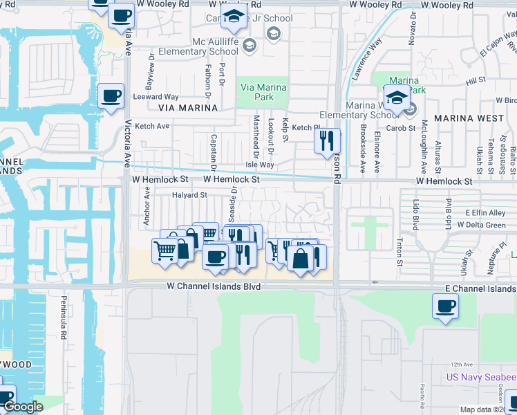 map of restaurants, bars, coffee shops, grocery stores, and more near 2605 Explorer Cove in Port Hueneme