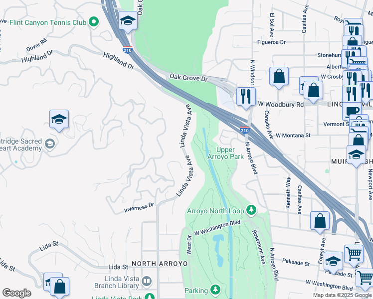 map of restaurants, bars, coffee shops, grocery stores, and more near 1950 Linda Vista Avenue in Pasadena