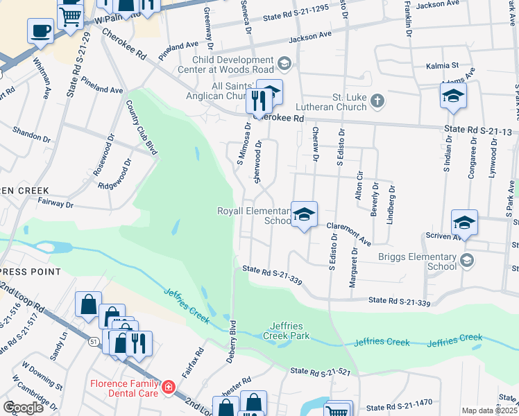map of restaurants, bars, coffee shops, grocery stores, and more near 1005 Sherwood Drive in Florence