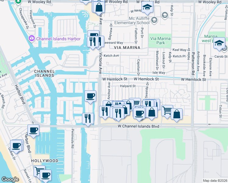 map of restaurants, bars, coffee shops, grocery stores, and more near 2615 Yardarm Avenue in Port Hueneme